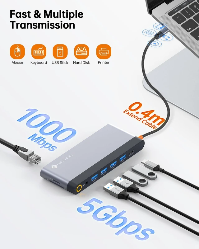 Alt view image 6 of 7 - USB C Docking Station Quad Display, 14-in-1 Laptop Docking Station Dual Monitor, 8K@30Hz DP, Dual 4K@60Hz HDMI, VGA, 5 USB Data Ports, 100W PD, Ethernet, SD/TF, Mic/Audio, USB C HUB, Thunderbolt Dock