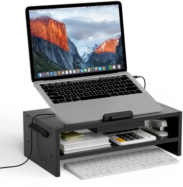 Main image of Adjustable Wood Laptop Stand, Ergonomic Height Angles Computer Holder Riser for Desk Compatible with Air, Pro, Dell, HP, Lenovo More 10-17.3" Laptops, Black