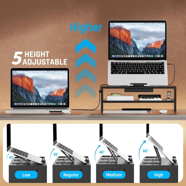 Alt view image 2 of 7 - Adjustable Wood Laptop Stand, Ergonomic Height Angles Computer Holder Riser for Desk Compatible with Air, Pro, Dell, HP, Lenovo More 10-17.3" Laptops, Black