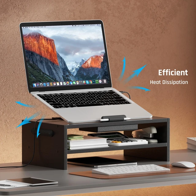 Alt view image 3 of 7 - Adjustable Wood Laptop Stand, Ergonomic Height Angles Computer Holder Riser for Desk Compatible with Air, Pro, Dell, HP, Lenovo More 10-17.3" Laptops, Black