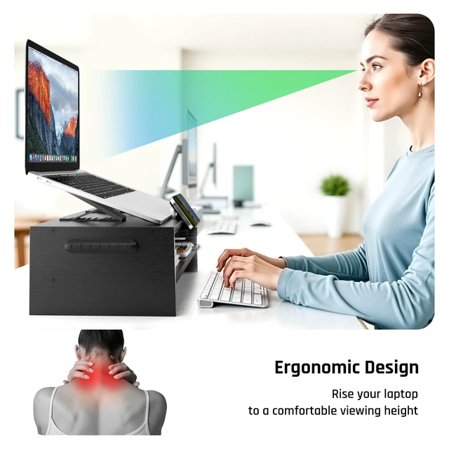 Alt view image 5 of 7 - Adjustable Wood Laptop Stand, Ergonomic Height Angles Computer Holder Riser for Desk Compatible with Air, Pro, Dell, HP, Lenovo More 10-17.3" Laptops, Black