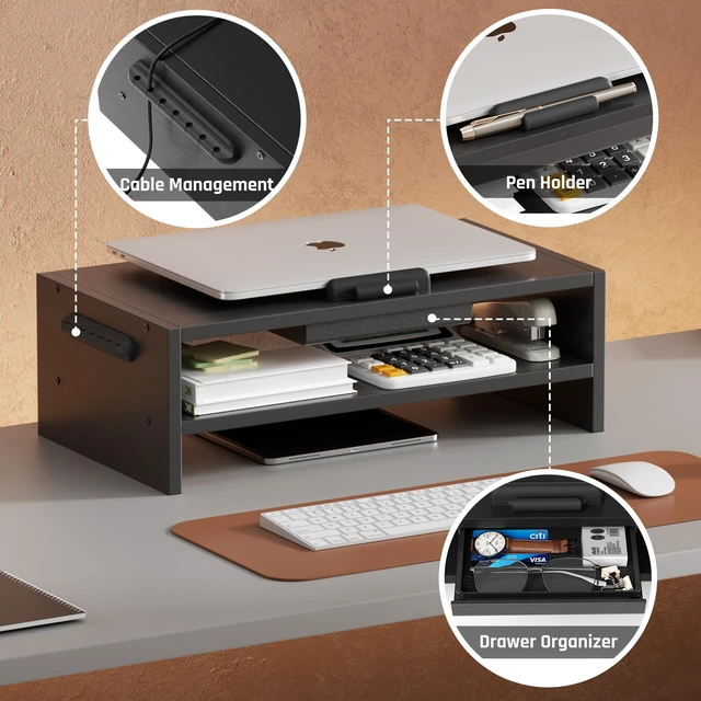 Alt view image 4 of 7 - Adjustable Wood Laptop Stand, Ergonomic Height Angles Computer Holder Riser for Desk Compatible with Air, Pro, Dell, HP, Lenovo More 10-17.3" Laptops, Black