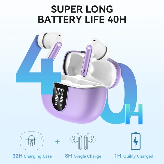 Alt view image 2 of 6 - Wireless Earbuds, Bluetooth 5.3 Headphones 40Hrs Playtime Deep Bass Stereo, LED Power Display, Call Noise Canceling Headphones with Mic, IP7 Waterproof Earphones for iOS Android Purple