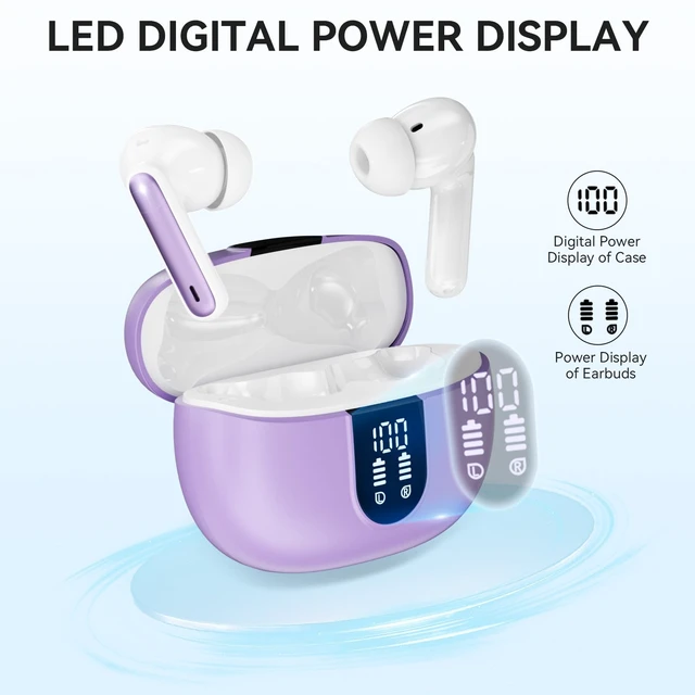 Alt view image 3 of 6 - Wireless Earbuds, Bluetooth 5.3 Headphones 40Hrs Playtime Deep Bass Stereo, LED Power Display, Call Noise Canceling Headphones with Mic, IP7 Waterproof Earphones for iOS Android Purple