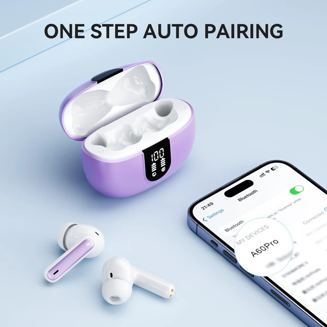 Alt view image 4 of 6 - Wireless Earbuds, Bluetooth 5.3 Headphones 40Hrs Playtime Deep Bass Stereo, LED Power Display, Call Noise Canceling Headphones with Mic, IP7 Waterproof Earphones for iOS Android Purple