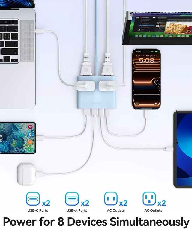Alt view image 2 of 7 - GaN 8-in-1 Power Strip with 4 AC Outlets, 2 USB-C 2 USB-A Ports 45° Flat Plug, 5ft Extension Cord, Compact Desktop Charging Station for Cruise, Travel, Home Office, ETL Listed (1 Pack)
