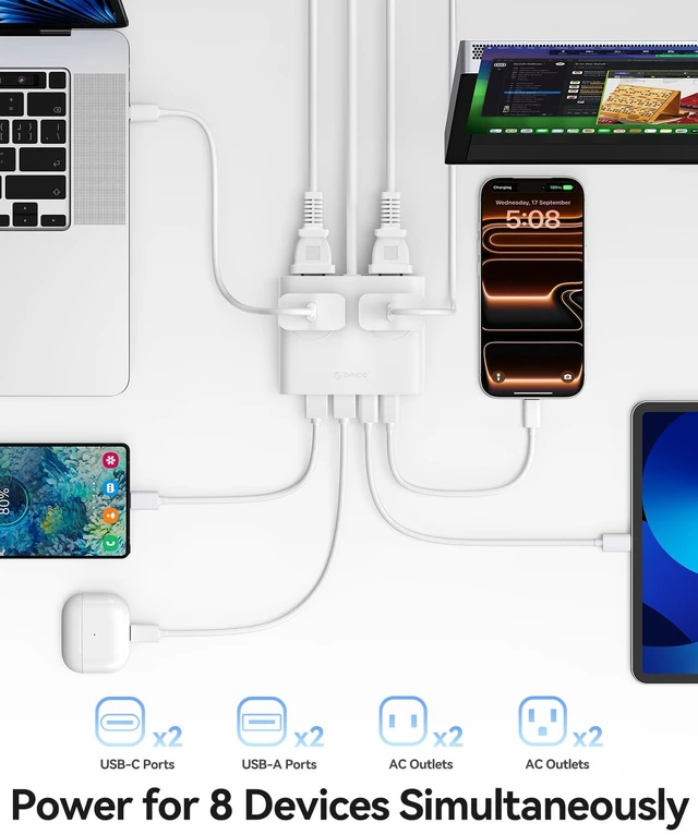 Alt view image 2 of 7 - GaN 8-in-1 Power Strip with 4 AC Outlets, 2 USB-C 2 USB-A Ports 45° Flat Plug, 5ft Extension Cord, Compact Desktop Charging Station for Cruise, Travel, Home Office, ETL Listed (1 Pack)