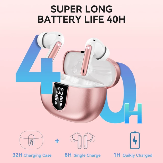 Alt view image 2 of 5 - Wireless Earbuds, Bluetooth 5.3 Headphones 40Hrs Playtime Deep Bass Stereo LED Power Display, Call Noise Canceling Headphones with Mic, IP7 Waterproof Earphones for IOS Android Rose Gold