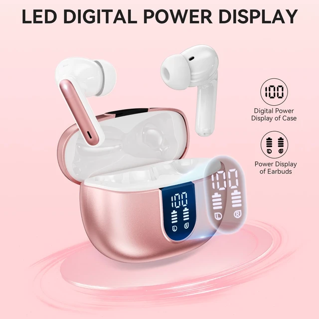 Alt view image 3 of 5 - Wireless Earbuds, Bluetooth 5.3 Headphones 40Hrs Playtime Deep Bass Stereo LED Power Display, Call Noise Canceling Headphones with Mic, IP7 Waterproof Earphones for IOS Android Rose Gold