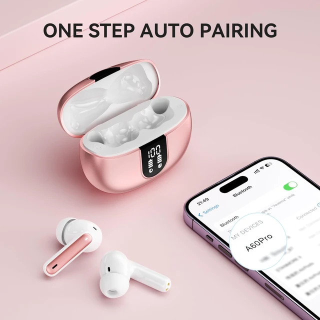 Alt view image 4 of 5 - Wireless Earbuds, Bluetooth 5.3 Headphones 40Hrs Playtime Deep Bass Stereo LED Power Display, Call Noise Canceling Headphones with Mic, IP7 Waterproof Earphones for IOS Android Rose Gold