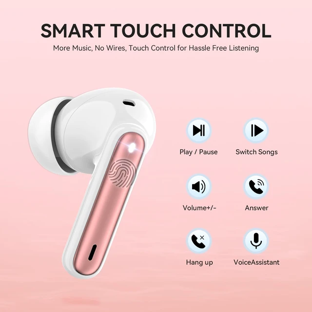 Alt view image 5 of 5 - Wireless Earbuds, Bluetooth 5.3 Headphones 40Hrs Playtime Deep Bass Stereo LED Power Display, Call Noise Canceling Headphones with Mic, IP7 Waterproof Earphones for IOS Android Rose Gold
