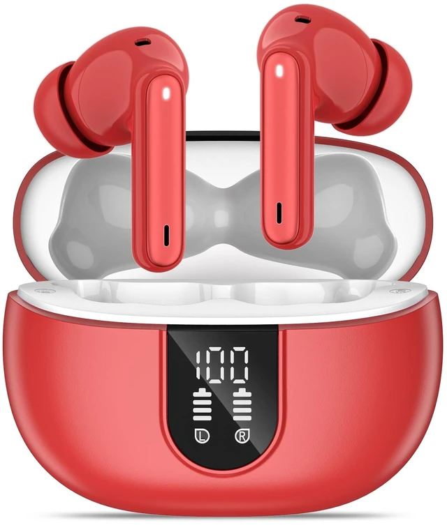 Main image of Wireless Earbuds, Bluetooth 5.3 Headphones 40Hrs Playtime Deep Bass Stereo, LED Power Display, Call Noise Canceling Headphones with Mic, IP7 Waterproof Earphones for iOS Android Red