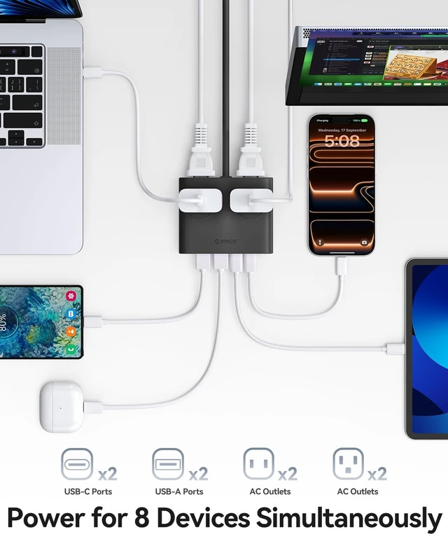 Alt view image 2 of 7 - GaN 8-in-1 Power Strip with 4 AC Outlets, 2 USB-C 2 USB-A Ports 45° Flat Plug, 5ft Extension Cord, Compact Desktop Charging Station for Cruise, Travel, Home Office, ETL Listed (1 Pack)