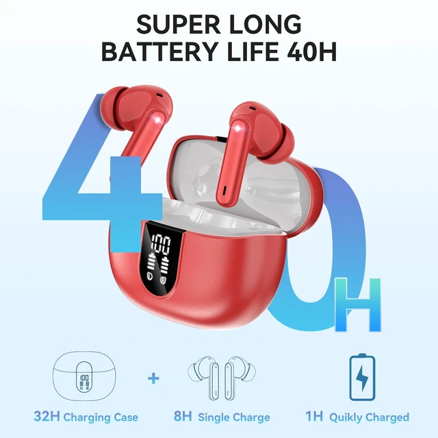 Alt view image 2 of 6 - Wireless Earbuds, Bluetooth 5.3 Headphones 40Hrs Playtime Deep Bass Stereo, LED Power Display, Call Noise Canceling Headphones with Mic, IP7 Waterproof Earphones for iOS Android Red