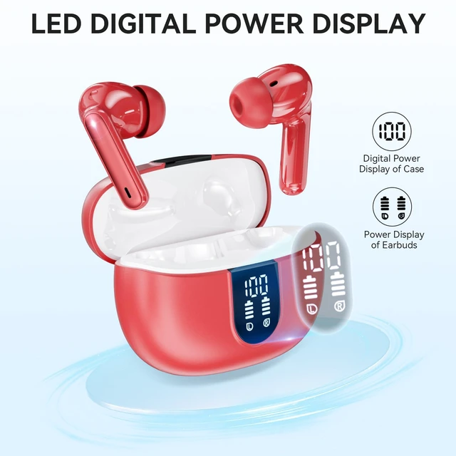 Alt view image 3 of 6 - Wireless Earbuds, Bluetooth 5.3 Headphones 40Hrs Playtime Deep Bass Stereo, LED Power Display, Call Noise Canceling Headphones with Mic, IP7 Waterproof Earphones for iOS Android Red