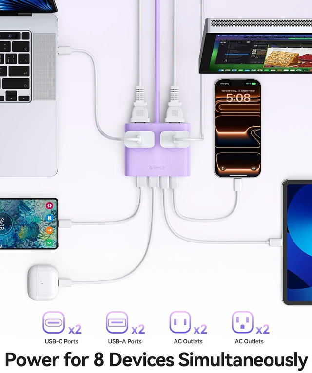 Alt view image 2 of 7 - GaN 8-in-1 Power Strip with 4 AC Outlets, 2 USB-C 2 USB-A Ports 45° Flat Plug, 5ft Extension Cord, Compact Desktop Charging Station for Cruise, Travel, Home Office, ETL Listed (1 Pack)
