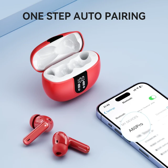 Alt view image 4 of 6 - Wireless Earbuds, Bluetooth 5.3 Headphones 40Hrs Playtime Deep Bass Stereo, LED Power Display, Call Noise Canceling Headphones with Mic, IP7 Waterproof Earphones for iOS Android Red