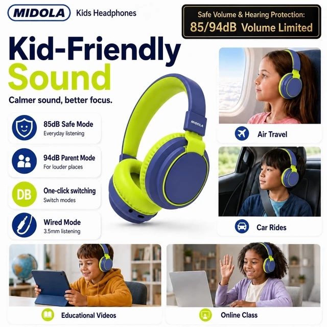 Alt view image 3 of 7 - Kids Bluetooth Headphones Wireless Over-Ear,68Hrs,Volume Limit 85/94dB Built-in Mic,Adjustable Headband Foldable Lightweight for Toddler School Girls Boys,Stereo Sound,Wired by Aux 3.5mm Green