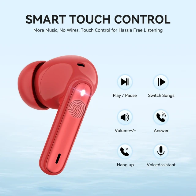 Alt view image 5 of 6 - Wireless Earbuds, Bluetooth 5.3 Headphones 40Hrs Playtime Deep Bass Stereo, LED Power Display, Call Noise Canceling Headphones with Mic, IP7 Waterproof Earphones for iOS Android Red