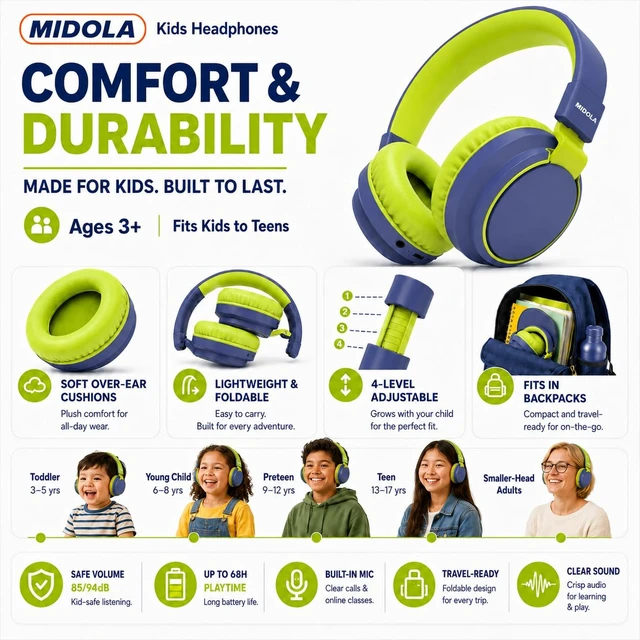 Alt view image 4 of 7 - Kids Bluetooth Headphones Wireless Over-Ear,68Hrs,Volume Limit 85/94dB Built-in Mic,Adjustable Headband Foldable Lightweight for Toddler School Girls Boys,Stereo Sound,Wired by Aux 3.5mm Green
