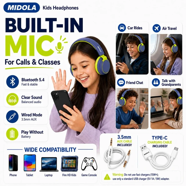 Alt view image 5 of 7 - Kids Bluetooth Headphones Wireless Over-Ear,68Hrs,Volume Limit 85/94dB Built-in Mic,Adjustable Headband Foldable Lightweight for Toddler School Girls Boys,Stereo Sound,Wired by Aux 3.5mm Green