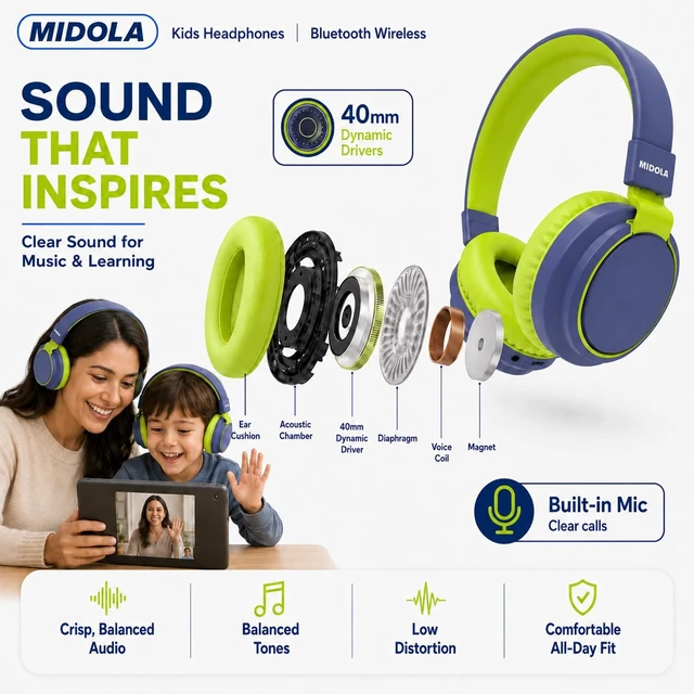 Alt view image 7 of 7 - Kids Bluetooth Headphones Wireless Over-Ear,68Hrs,Volume Limit 85/94dB Built-in Mic,Adjustable Headband Foldable Lightweight for Toddler School Girls Boys,Stereo Sound,Wired by Aux 3.5mm Green