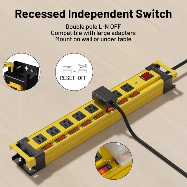 Alt view image 2 of 7 - 8 Outlet Long Power Strip,2700J Surge Protector with Individual Switches,Wide Spaced,Heavy Duty Power Strip with 6FT/14AWG/15A Power Cord and Flat Plug for Workshop,Garage,Industrial,Home