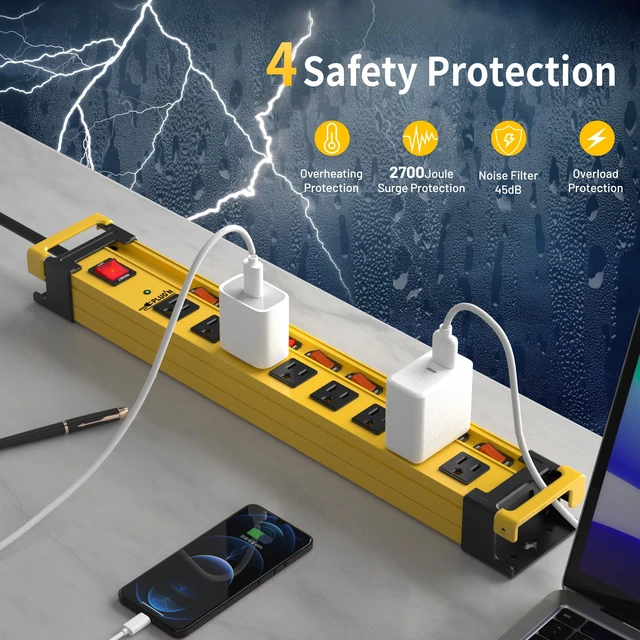 Alt view image 4 of 7 - 8 Outlet Long Power Strip,2700J Surge Protector with Individual Switches,Wide Spaced,Heavy Duty Power Strip with 6FT/14AWG/15A Power Cord and Flat Plug for Workshop,Garage,Industrial,Home