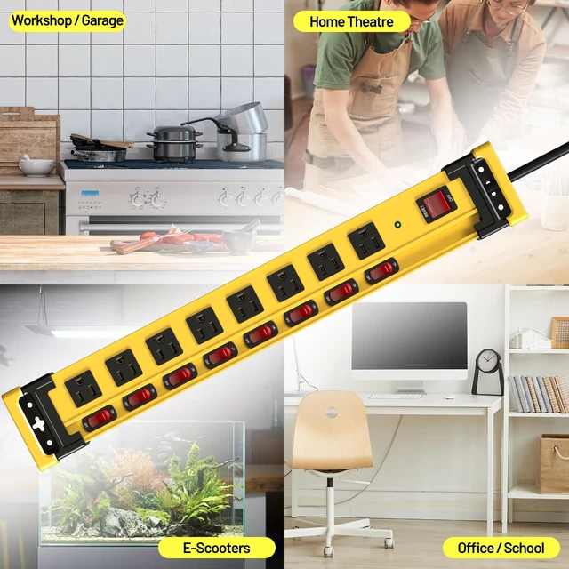 Alt view image 6 of 7 - 8 Outlet Long Power Strip,2700J Surge Protector with Individual Switches,Wide Spaced,Heavy Duty Power Strip with 6FT/14AWG/15A Power Cord and Flat Plug for Workshop,Garage,Industrial,Home