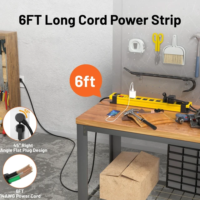 Alt view image 5 of 7 - 8 Outlet Long Power Strip,2700J Surge Protector with Individual Switches,Wide Spaced,Heavy Duty Power Strip with 6FT/14AWG/15A Power Cord and Flat Plug for Workshop,Garage,Industrial,Home