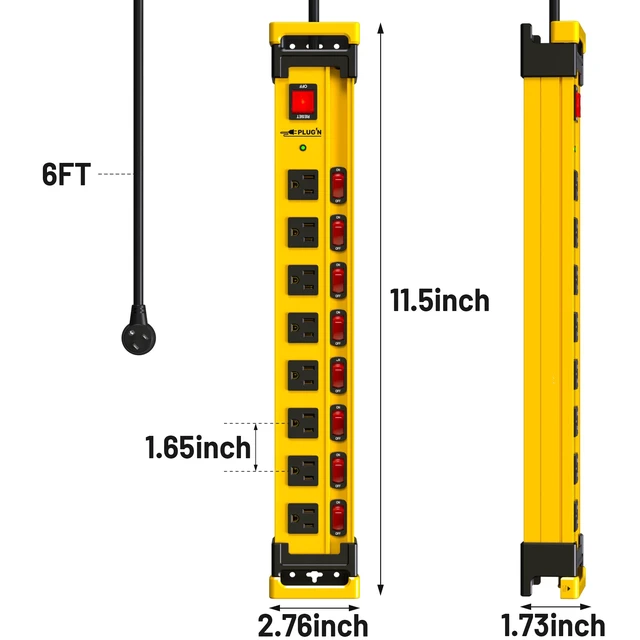 Alt view image 7 of 7 - 8 Outlet Long Power Strip,2700J Surge Protector with Individual Switches,Wide Spaced,Heavy Duty Power Strip with 6FT/14AWG/15A Power Cord and Flat Plug for Workshop,Garage,Industrial,Home