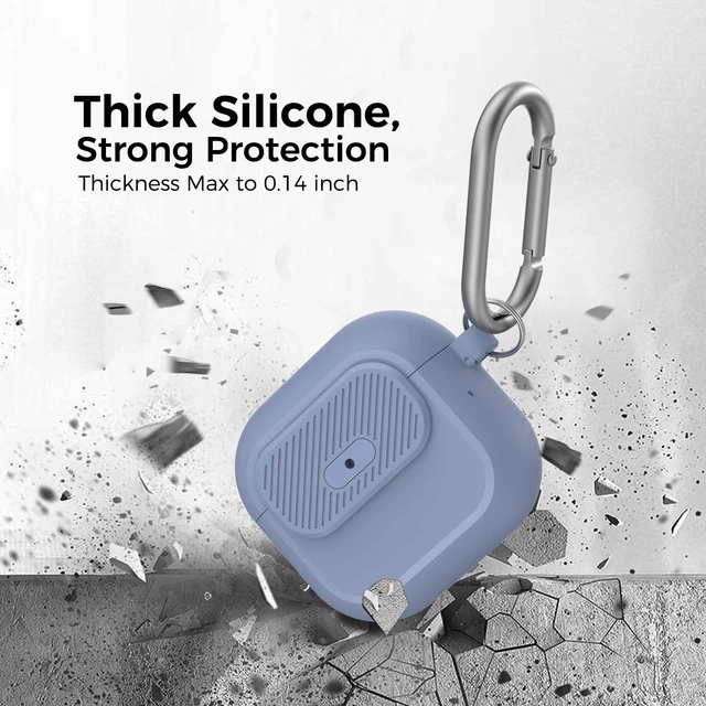 Alt view image 4 of 7 - AirPods 5 Case & AirPods 4 Case, Button Lock One-Piece Cover Compatible with AirPods 5 (2026) & 4 (2024), Anti-Drop Silicone Case with Carabiner, Easy Open /Close, Dusty Blue