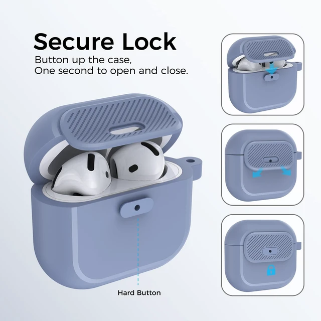 Alt view image 3 of 7 - AirPods 5 Case & AirPods 4 Case, Button Lock One-Piece Cover Compatible with AirPods 5 (2026) & 4 (2024), Anti-Drop Silicone Case with Carabiner, Easy Open /Close, Dusty Blue