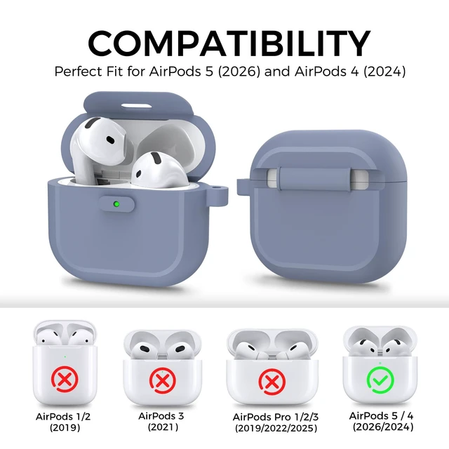 Alt view image 2 of 7 - AirPods 5 Case & AirPods 4 Case, Button Lock One-Piece Cover Compatible with AirPods 5 (2026) & 4 (2024), Anti-Drop Silicone Case with Carabiner, Easy Open /Close, Dusty Blue
