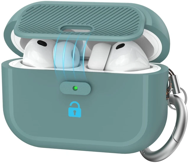 Main image of for AirPods Pro 3 Case (2025) Silicone with Lock One-Piece Design Button Lock Design, magsafe charging, Anti-Drop Latching Cover, Carabiner included, Pine Green