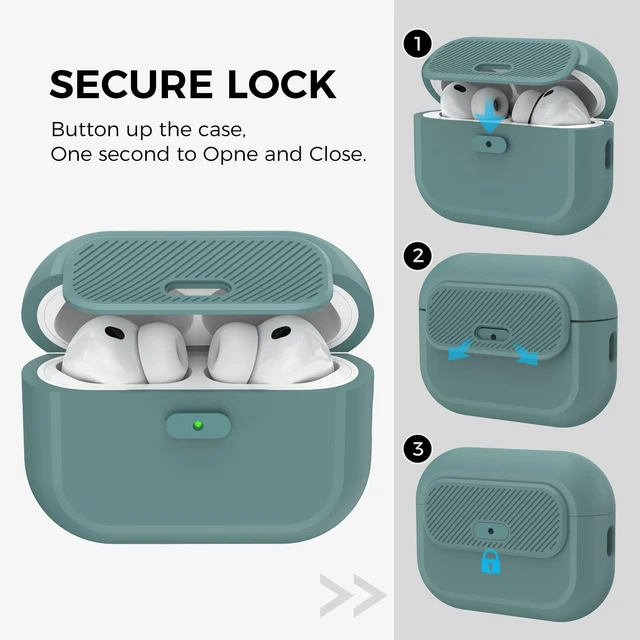 Alt view image 3 of 7 - for AirPods Pro 3 Case (2025) Silicone with Lock One-Piece Design Button Lock Design, magsafe charging, Anti-Drop Latching Cover, Carabiner included, Pine Green