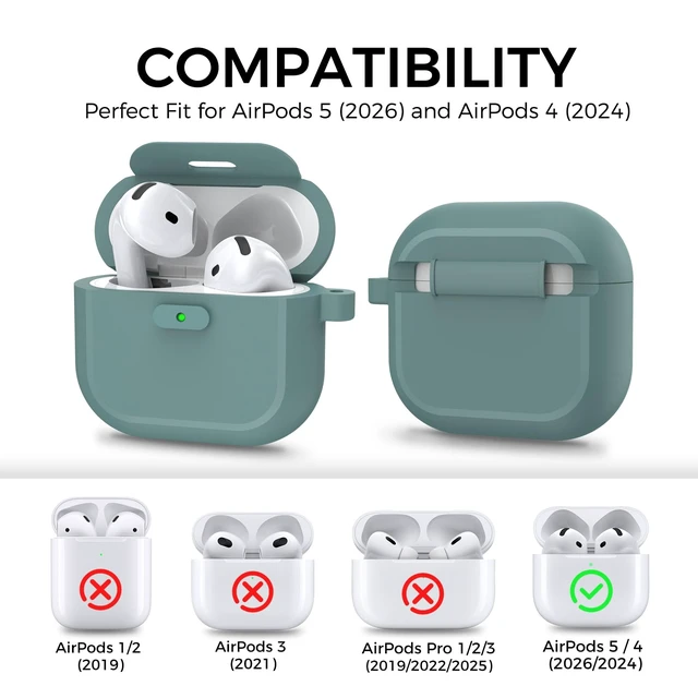 Alt view image 2 of 7 - AirPods 5 Case & AirPods 4 Case, Button Lock One-Piece Cover Compatible with AirPods 5 (2026) & 4 (2024), Anti-Drop Silicone Case with Carabiner, Easy Open /Close, Pine Green
