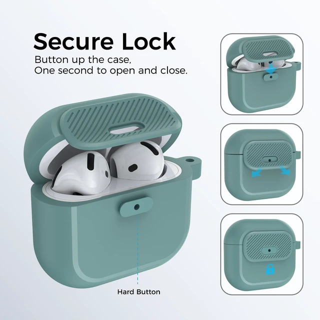 Alt view image 3 of 7 - AirPods 5 Case & AirPods 4 Case, Button Lock One-Piece Cover Compatible with AirPods 5 (2026) & 4 (2024), Anti-Drop Silicone Case with Carabiner, Easy Open /Close, Pine Green
