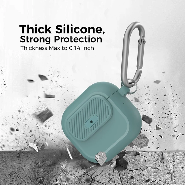 Alt view image 4 of 7 - AirPods 5 Case & AirPods 4 Case, Button Lock One-Piece Cover Compatible with AirPods 5 (2026) & 4 (2024), Anti-Drop Silicone Case with Carabiner, Easy Open /Close, Pine Green