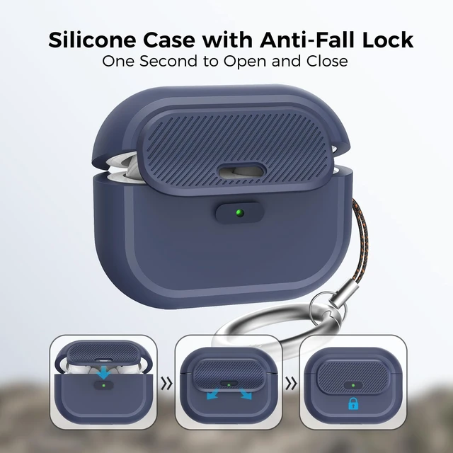 Alt view image 3 of 7 - for AirPods Pro 2/1 Case Silicone with Lock One-Piece Design Button Lock Design, magsafe charging, Anti-Drop Latching Cover, Carabiner included, Midnight Blue