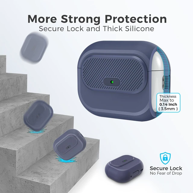Alt view image 4 of 7 - for AirPods Pro 2/1 Case Silicone with Lock One-Piece Design Button Lock Design, magsafe charging, Anti-Drop Latching Cover, Carabiner included, Midnight Blue
