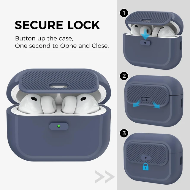 Alt view image 3 of 7 - for AirPods Pro 3 Case (2025) Silicone with Lock One-Piece Design Button Lock Design, magsafe charging, Anti-Drop Latching Cover, Carabiner included, Midnight Blue