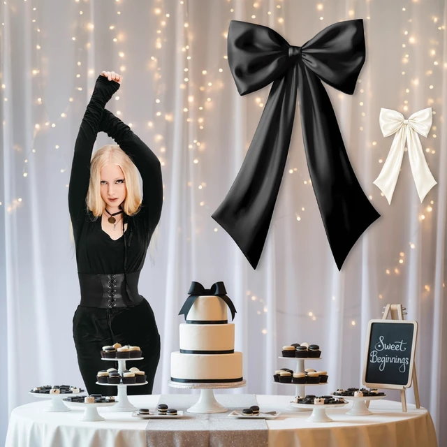 Alt view image 6 of 7 - Black White Bow Decor 2 Pack, Large and Small Size Bow Wall Decor Coquette Bow Backdrop For Girls Room, Two Size Bow Decorations For Birthday Bachelorette Bridal Shower Wedding Christmas