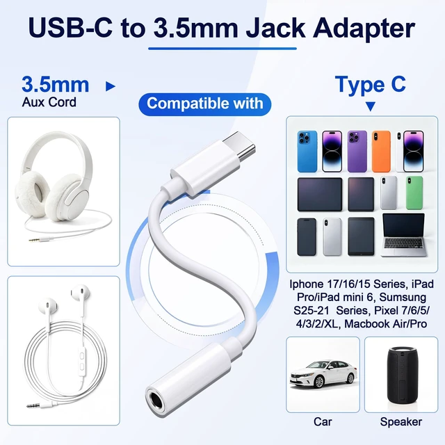 Alt view image 3 of 7 - 50 Pack Headphone Jack Adapter to USB C, 3.5mm Aux to USBC Audio Converter Type C Dongle Connector Compatible with Iphone 17/16/16 Pro/15/15 Pro/Pro Max/Plus, Apple Ipad Samsung Galaxy S25/S24/S23/S22