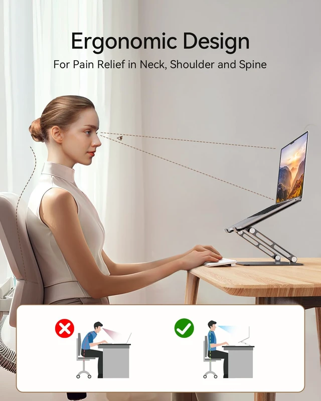 Alt view image 2 of 7 - Adjustable Aluminum Laptop Stand for MacBook Air Pro Neo 10-17.3'' Computer Stand for Desk, Ergonomic Riser, Foldable Portable Notebook Holder for Dell/HP/Lenovo Office Home College