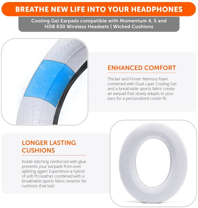 Alt view image 4 of 7 - Freeze Momentum 4 & 5 - Cooling Gel Earpads for Sennheiser Momentum Made by Wicked Cushions Fits Momentum 4 & 5 Wireless. Boost Comfort, Thickness & Sound Isolation White