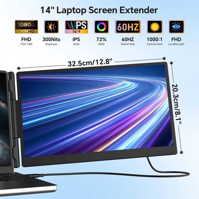 Alt view image 2 of 7 - Laptop Screen Extender, 14" Ultra-Slim Monitor Portable Monitor, 1080P FHD IPS Display, USB-C/HDMI Plug & Play, Monitor Extender for 13-17.3" Laptops, Mac/Windows/Chrome