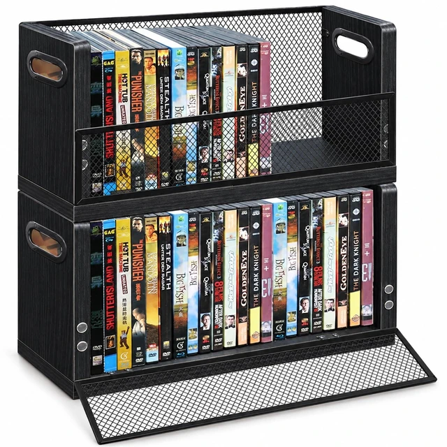 Main image of DVD Storage Rack 2 Pack, Stackable Media Organizer Holds 56 DVDs or 64 Blu ray Cases, Shelf with Magnetic Door for Video Games and CDs, VHS Tapes