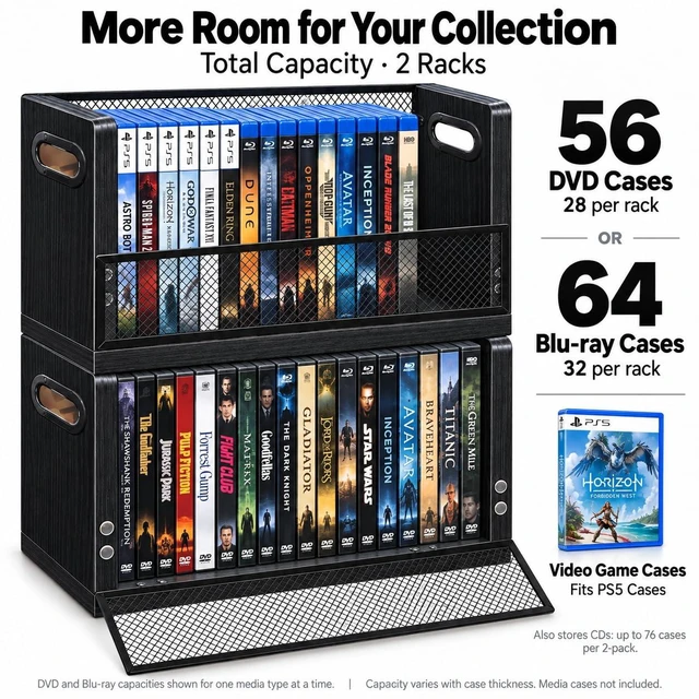Alt view image 4 of 7 - DVD Storage Rack 2 Pack, Stackable Media Organizer Holds 56 DVDs or 64 Blu ray Cases, Shelf with Magnetic Door for Video Games and CDs, VHS Tapes