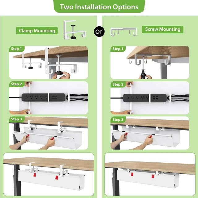 Alt view image 2 of 7 - No Drill Fabric Under Desk Cable Management Tray 28 in, White Clamp/Screw Mount, Supports Up to 70lbs, Fabric Wire Management Gaming/PC Cable Raceways, Cord Hiders for Office/Home